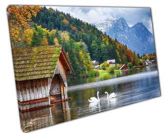 Serene Swans on Austrian Lake: Grundlsee Styria canvas muurkunstprint voor thuis- en kantoordecoratie