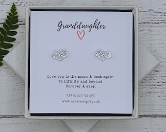 Granddaughter Infinity Heart Earrings 925 Sterling Silver, Personalised Granddaughter Jewellery Gift
