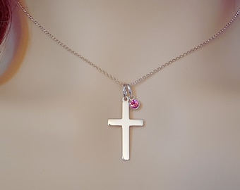 Silver Cross Necklace with Optional Crystal Birthstone, 925 Sterling Silver Jewellery Gift