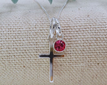 Silver Cross Necklace with Optional Crystal Birthstone, 925 Sterling Silver Jewellery Gift