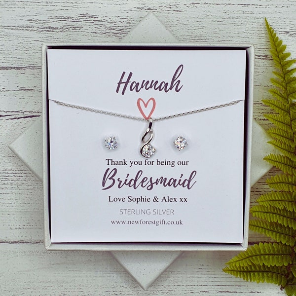 Sterling Silver CZ Crystal Necklace & Earring Set Bridesmaid, Maid of Honour Thank You Gift ~ Personalised Wedding Jewellery Present