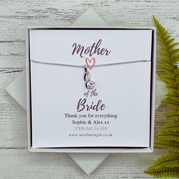 Mother of the Bride Groom Gift ~ Sterling Silver Sparkling CZ Crystal Necklace ~ Personalised Wedding Thank You Keepsake Present for Mum