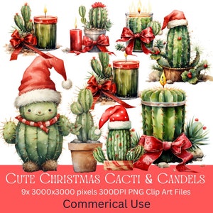 Lindo cactus clipart, vela de cactus, clipart de cactus, clipart suculento, clipart mexicano, cactus navideño, clipart occidental, Licencia comercial