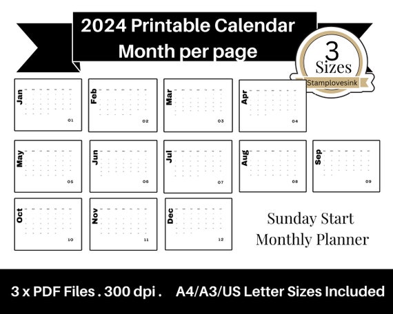 2024 Monthly Dated Calendar, Sunday Start, Horizontal, Digital Download,  Modern Bold Black White Printable Calendar, 2024, Simple Calendar - Etsy  Denmark