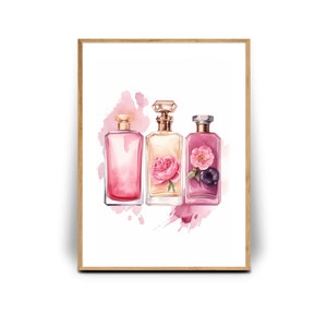 Pink Watercolor Perfume Bottles print, digital download, Dressing room art print, Bedroom Print, Perfume art, Perfume bottle wall art print