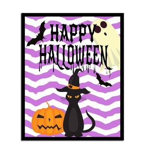 Purple Halloween Wall Art, Halloween Wall art print, Black Cat Wall Art,Halloween Printable, Halloween Print, Pumpkin cat Print,Digital Art