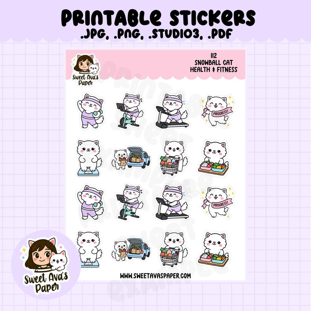 Snowball Cat Health & Fitness Printable Planner Stickers – Workout ...