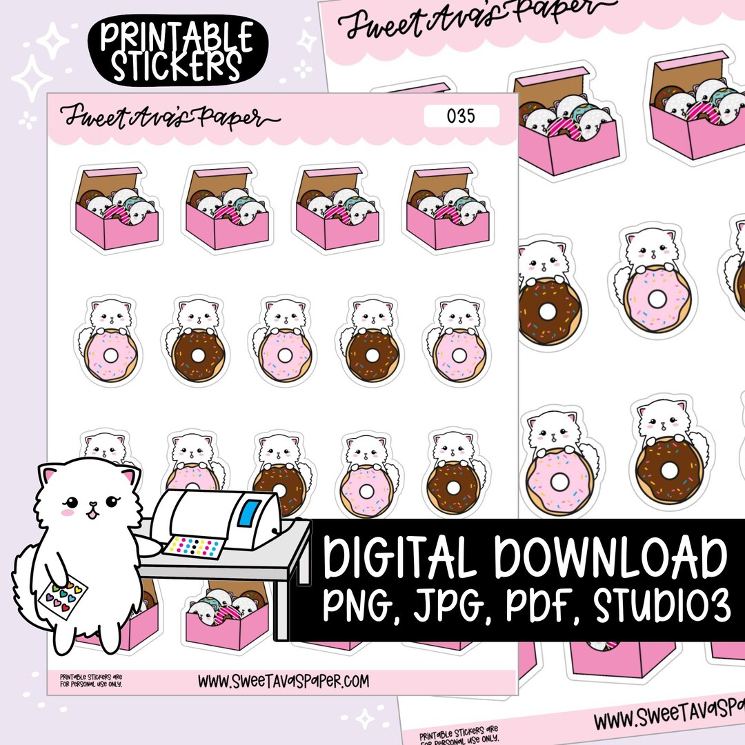 Printable Planner Stickers Snowball the Cat Donut Instant Digital ...