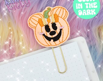 Glow In The Dark Mouse Girl Pumpkin Planner Clip, Bookmark, Paper Clip