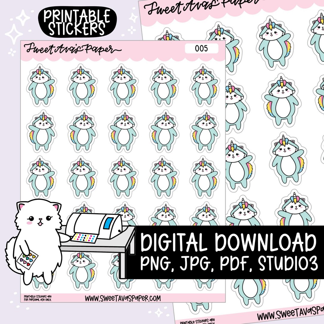 Printable Planner Stickers Snowball the Cat Unicorn Instant Digital ...