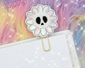 Holographic Skull Flower Planner Clip, Bookmark, Paper Clip