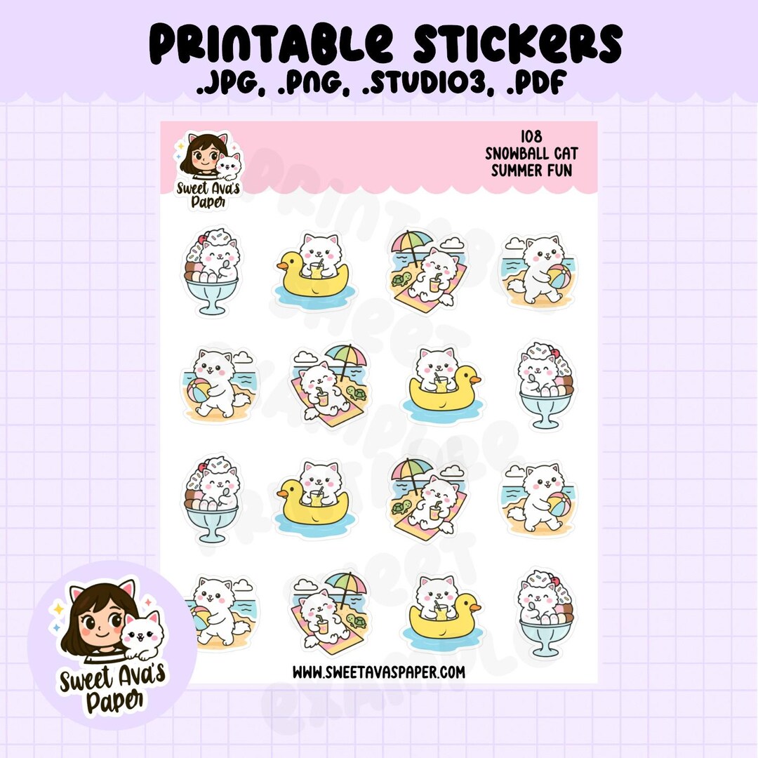 Snowball Cat Summer Fun Printable Planner Stickers – Beach, Pool & Ice ...