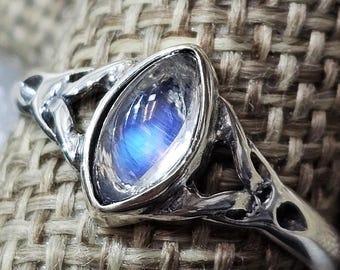 Rainbow Moonstone Ring: Solid Sterling Silver Gemstone (Sizes 5-10)