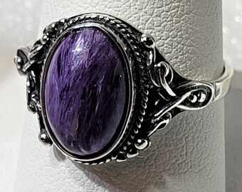 Native American Charoite and Double Stack Sterling Ring Size 8