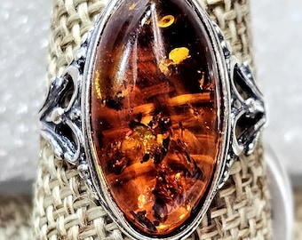 Natural Baltic Amber Ring: Sterling Silver Cabochon Gemstone