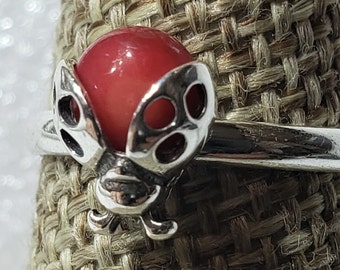 Ladybug Ring: Natural Red Bamboo Coral, Sterling Silver 925, Made in Poland