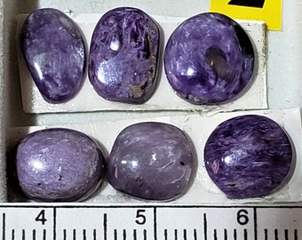 May include: Six purple and white cabochon stones, some with a shimmery finish, arranged in a row on a white surface with a ruler marked in centimetres. The stones are approximately 2.5 cm in diameter.