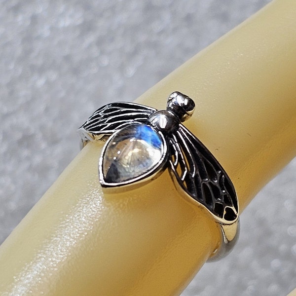 Magical lights Natural Rainbow moonstone Sterling Silver fly bug Ring Ring Realistic Insect ring sizes 4-12 stone 4x6 mm gift box included