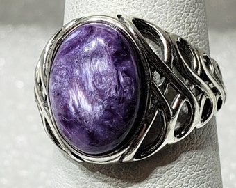 Native American Charoite and Double Stack Sterling Ring Size 8