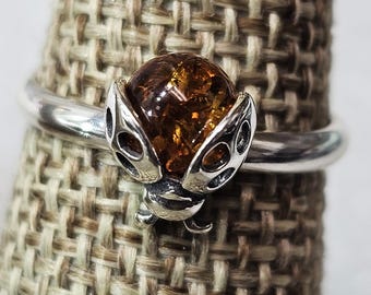 Ladybug Ring: Natural Baltic Amber, Sterling Silver 925, Made in Poland