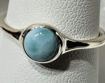 Blue Dominican Larimar set in silver 925 mark ring sizes 6 -8 US  A grade cabochon stone size 5 mm gift box included