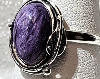 Native American Charoite and Double Stack Sterling Ring   Size 8