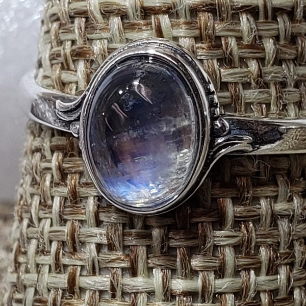 Magical lights Natural Rainbow moonstone solid silver 925 mark ring sizes 4-12  US stone size 6 x 8 mm gift box included Made in Poland