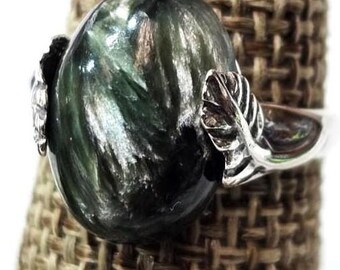 Seraphinite Cabochon Ring: 925 Sterling Silver, Metaphysical  Angel Stone