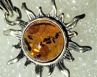 Baltic Amber 8 mm round Sun Charm: Sterling Silver Pendant, Made in Poland