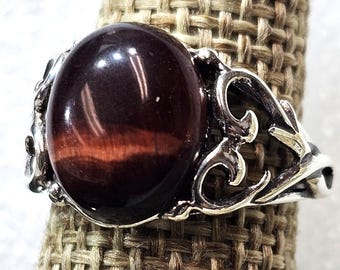 Red Tiger Eye Ring: Solid Sterling Silver, Oval Stone (Sizes 6-10 US)