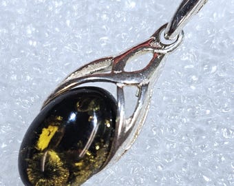 Sterling Silver Green Baltic Amber Charm: Small Gemstone Pendant