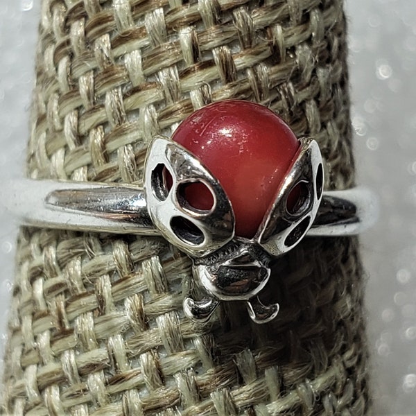 Cute Ladybug Natural Red Bamboo Coral in silver 925 mark ring sizes 4 - 9 round stone size 5 mm gift box incl. Made in Poland