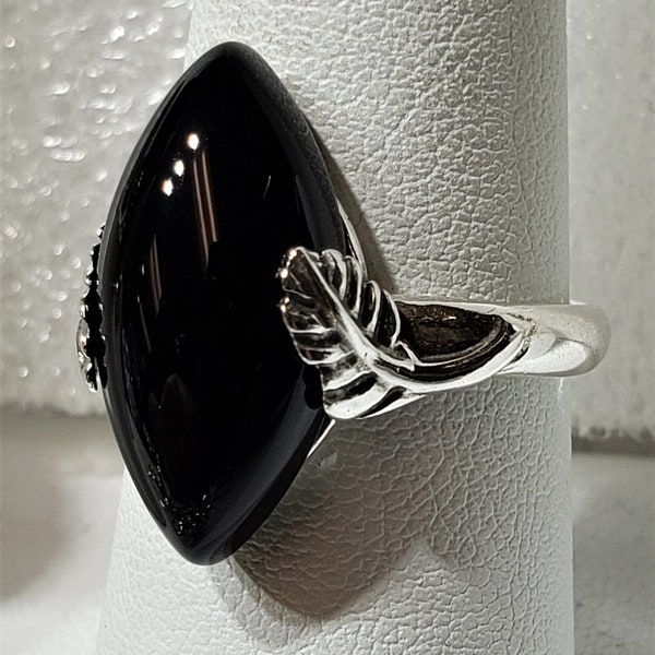 Ring sizes 4 - 12 Natural Black Onyx Onix solid silver 925 mark ring marquise cabochon size 10 x 20 mm gift box included made in Poland