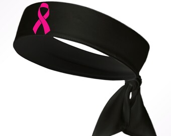 Custom Black Breast Cancer Awareness Ribbon Moisture Wicking Head Tie Headband - Black Pink - Sports