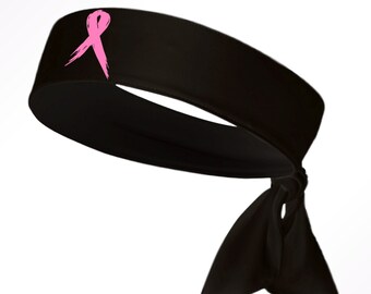 Custom Black Breast Cancer Awareness Ribbon Moisture Wicking Head Tie Headband - Black Pink - Sports