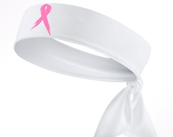 Custom White Breast Cancer Awareness Ribbon Moisture Wicking Head Tie Headband - Pink - Sports