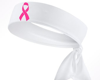 Custom White Breast Cancer Awareness Ribbon Moisture Wicking Head Tie Headband - Pink - Sports