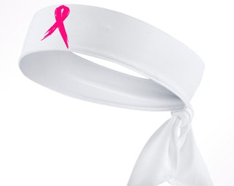 Custom White Breast Cancer Awareness Ribbon Moisture Wicking Head Tie Headband - Pink - Sports