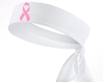 Custom White Breast Cancer Awareness Ribbon Moisture Wicking Head Tie Headband - Pink - Sports