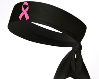 Custom Black Breast Cancer Awareness Ribbon Moisture Wicking Head Tie Headband - Black Pink - Sports