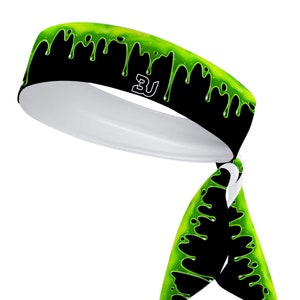 Custom Green Slime Moisture Wicking Head Tie Headband - Lime Green Black White Drip Goo Sports Yoga