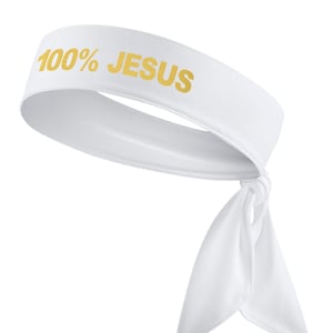 May include: White headband with a gold inscription that reads "100% JESUS".