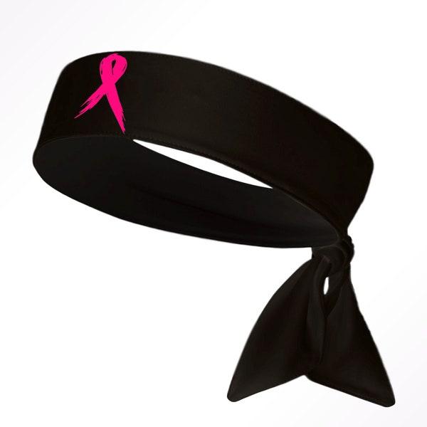 Custom Black Breast Cancer Awareness Ribbon Moisture Wicking Head Tie Headband - Black Pink - Sports
