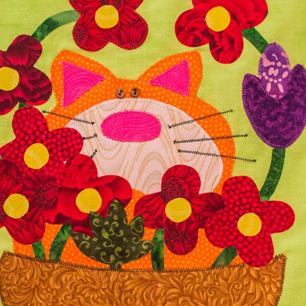 Flower Cat - Quilt Karma Pattern - Paper Strip Piecing Raw Edge Applique