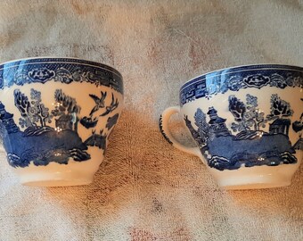 Vintage Willow Johnson Bro. Blue Teacups w Japanese Pagodas, Trees, and Flying Birds - V. Good Cond. - England - Free Shipping to US only!