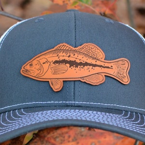 Largemouth Bass Patch Hat, Custom Richardson 112 Leather Patch Hat, Leather Patch Trucker Hat, Fishing Hat, Fish Patch Hat, Bass Hat