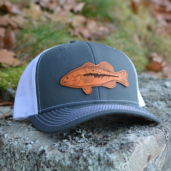 Largemouth Bass Patch Hat, Custom Richardson 112 Leather Patch Hat, Leather Patch Trucker Hat, Fishing Hat, Fish Patch Hat, Bass Hat