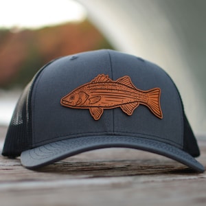 Striped Bass Patch Hat, Custom Richardson 112 Leather Patch Hat, Leather Patch Trucker Hat, Fishing Hat, Fish Patch Hat, Striper Hat