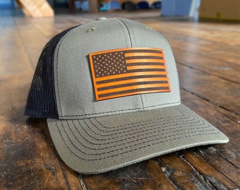 American Flag Leather Patch Trucker Hat, Custom Engraved Hat
