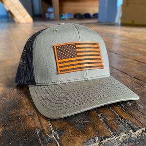 American Flag Leather Patch Trucker Hat, Custom Engraved Hat